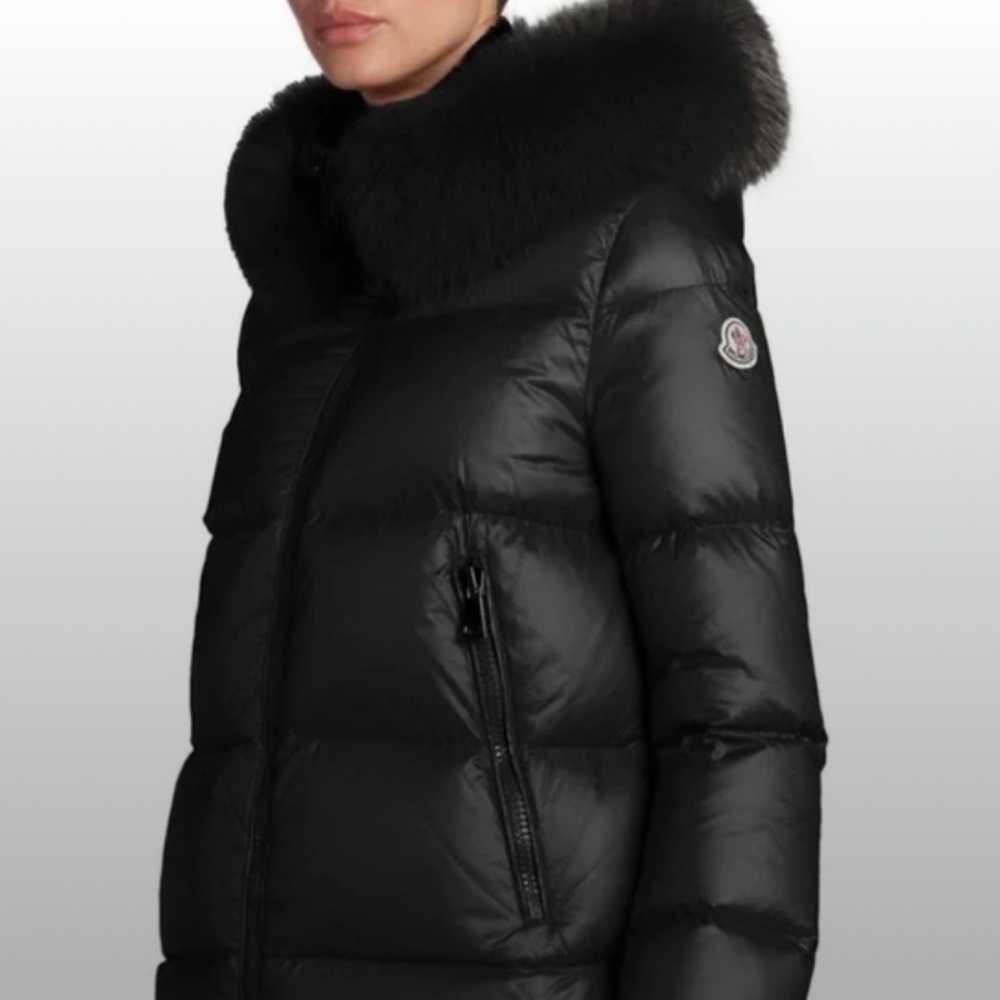 Moncler Serifur Hooded Down Parka with Genuine Fox Fur Trim - Black, Size 3/L